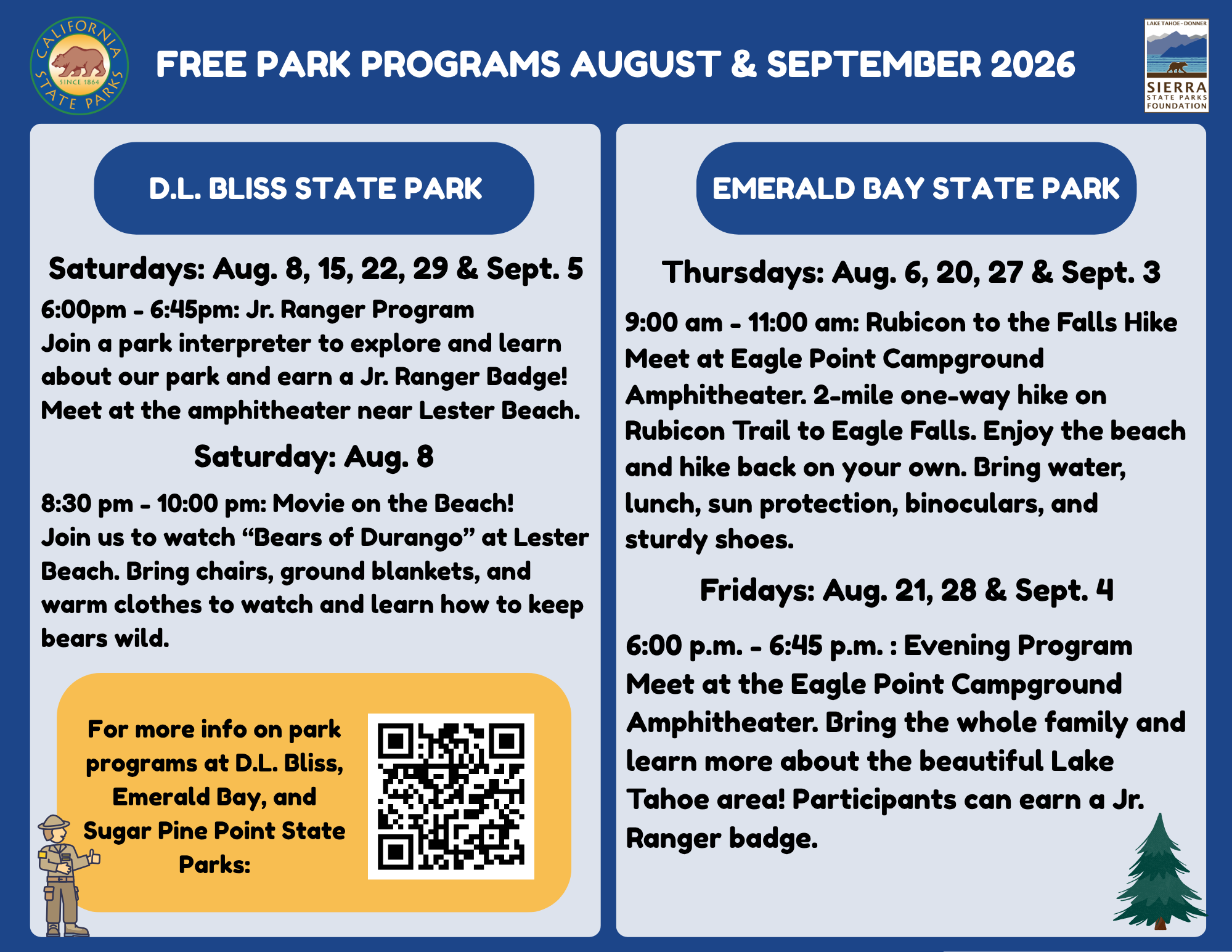 August 2026 Schedule D.L. Bliss and Emerald Bay State Park